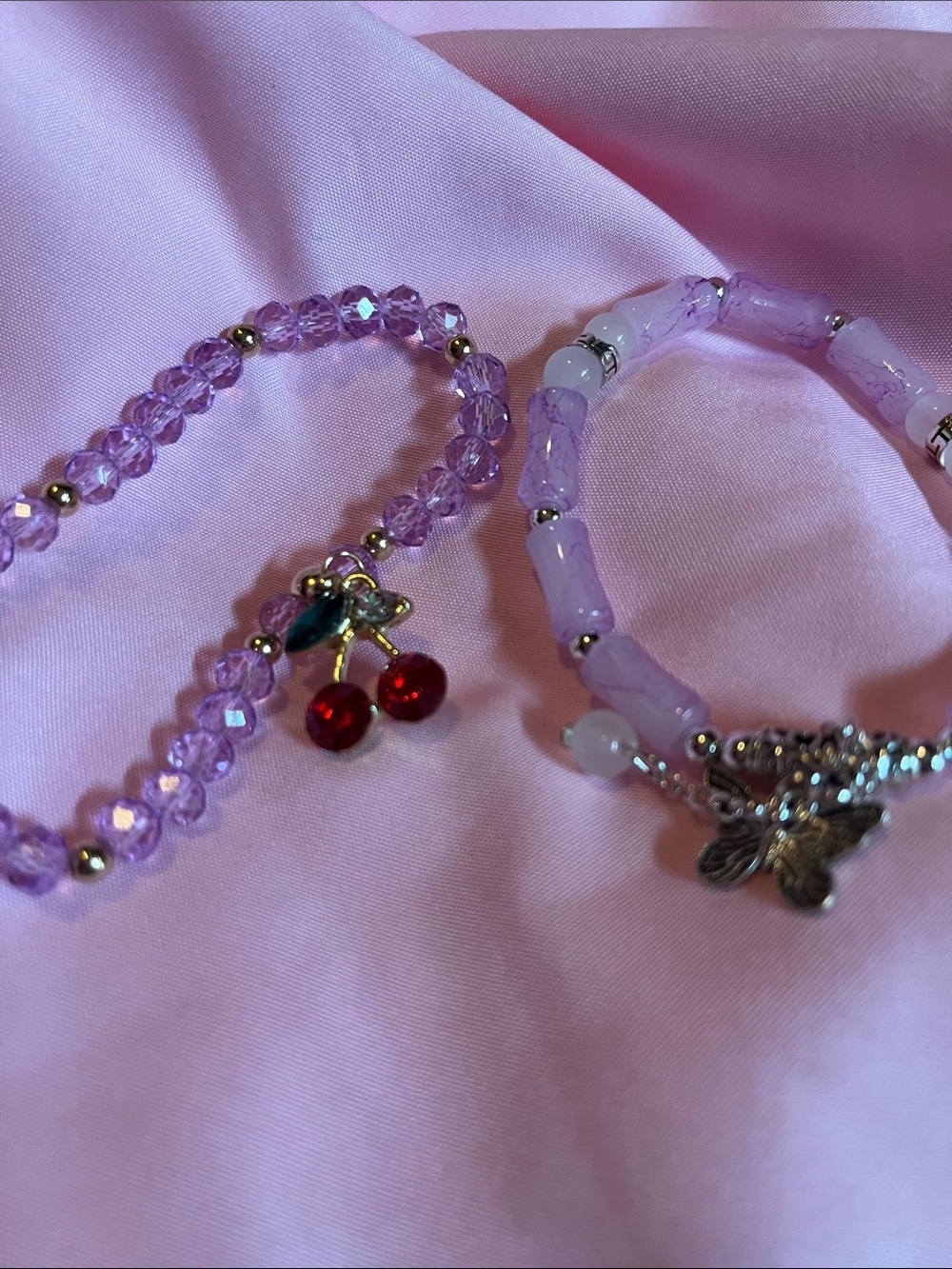 Lavender Beaded Charm Bracelets with Cherry and Butterfly Charms
